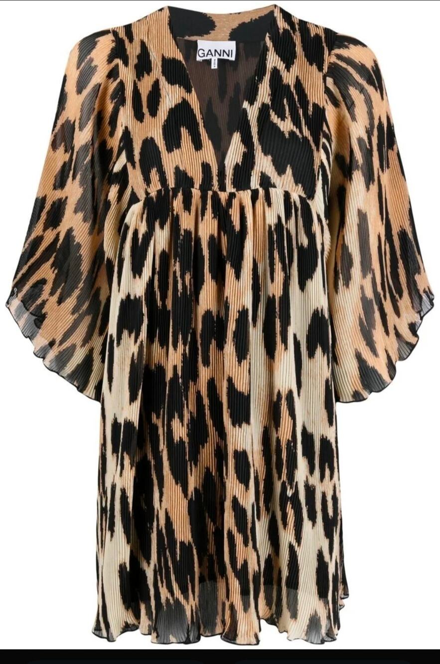 Ganni Pleated Leopard Print Babydoll V Neck Dress XL NWT